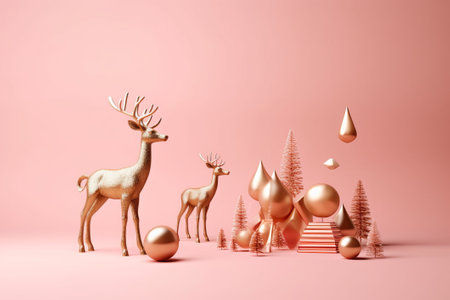 Christmas or New Year minimal composition with golden reindeer, christmas tree and golden balls on pink backgroundの素材