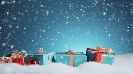Christmas background with gifts and snowflakes. 3d rendering.の素材