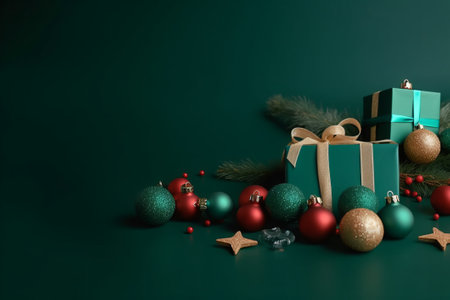 Christmas decoration with gift box and baubles on dark green backgroundの素材