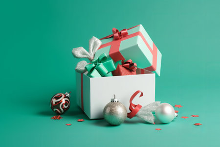 gift box with christmas balls and ribbons on green backgroundの素材