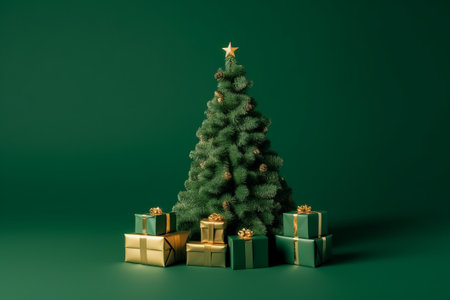 Christmas tree with gifts on a green background. 3d rendering.の素材