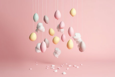 Easter eggs and clouds on a pink background. 3d renderingの素材