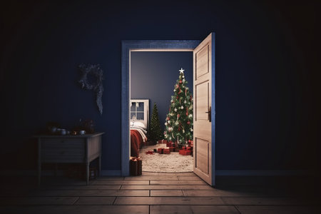 Open door in a dark room with a Christmas tree. 3d renderingの素材