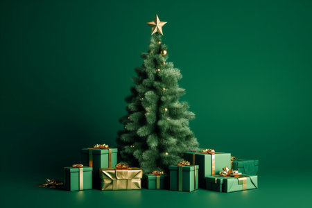Christmas tree and gifts on a green background. 3d rendering.の素材