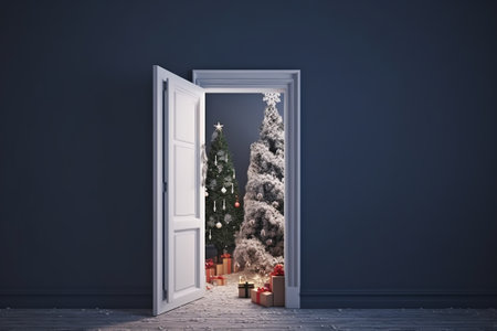 Open door with christmas tree and presents. 3D Renderingの素材