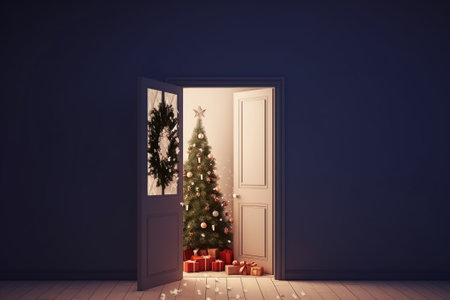 Open door with christmas tree and presents. 3D Renderingの素材