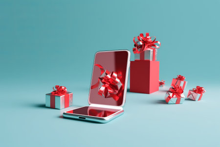 Smartphone with gift boxes on blue background. 3D rendering.の素材