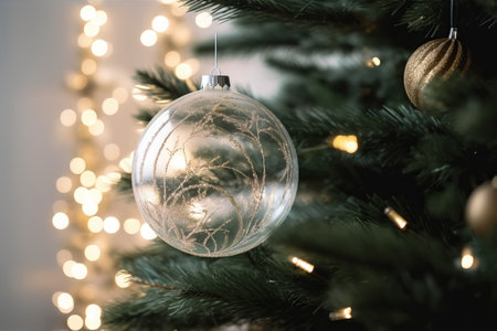 Christmas tree with bauble and lights on background, closeup viewの素材