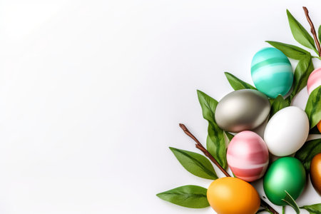 Colorful easter eggs on white background with copy space for textの素材