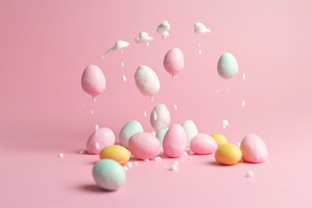 Colorful easter eggs falling on pink background. Minimal easter concept.の素材