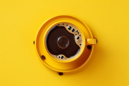 Cup of coffee on yellow background. Top view, flat layの素材