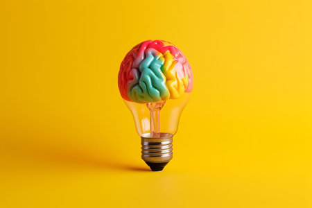 Light bulb with colorful brain on yellow background. Creative idea concept.の素材