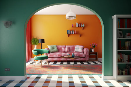 Interior of the living room in orange and green colors. 3D renderingの素材