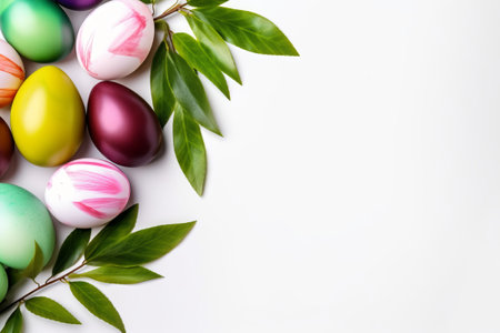 Colorful easter eggs with green leaves on white background, top viewの素材