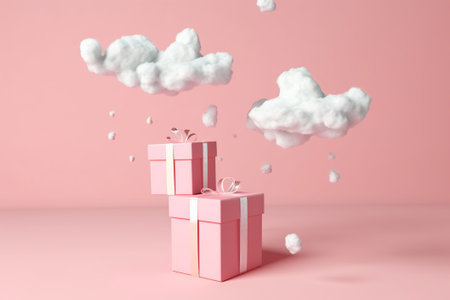 Gift box with flying white clouds on pink background. 3D Renderingの素材