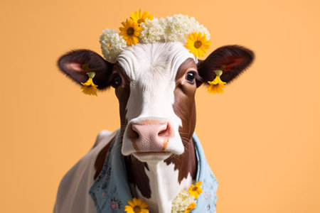 Cow with a wreath of daisies on her head.の素材
