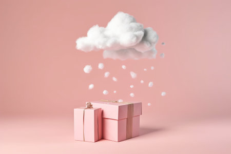 Pink gift box with white cloud and falling rain. 3d renderingの素材