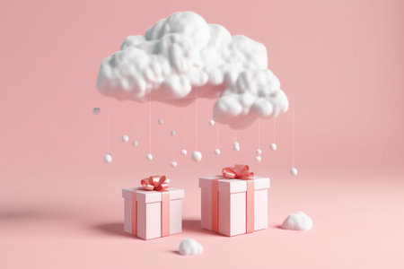 Cloud with gift boxes on pink background. 3D Rendering.の素材