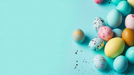 Colorful easter eggs on pastel blue background with copy spaceの素材