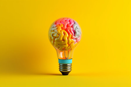 Human brain inside a light bulb on a yellow background. Creative idea concept.の素材