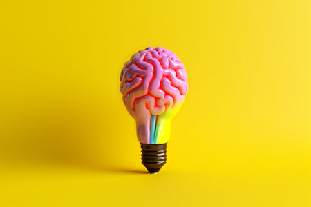 Human brain model inside a light bulb on yellow background. Creative idea conceptの素材