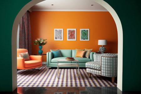 Interior of the living room with a green and orange sofa 3D renderingの素材