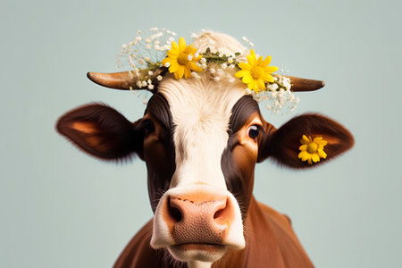 Cow with a wreath of daisies on her head on a gray backgroundの素材