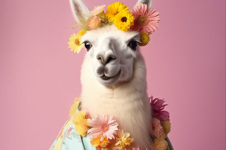 Portrait of a cute alpaca with flowers on pink backgroundの素材