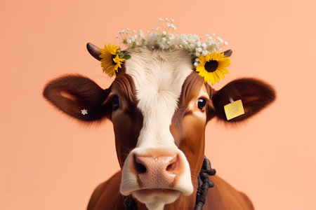 Cow with a wreath of daisies on her head.の素材