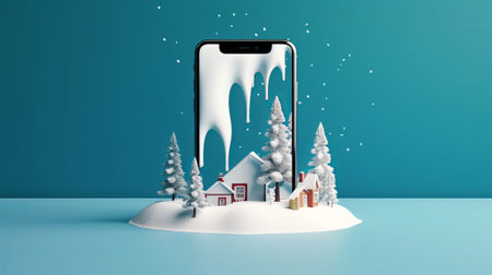 Smartphone with christmas trees and snowflakes on blue backgroundの素材