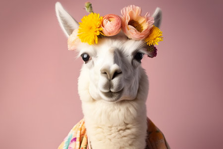 Portrait of a cute alpaca with flowers on a pink backgroundの素材