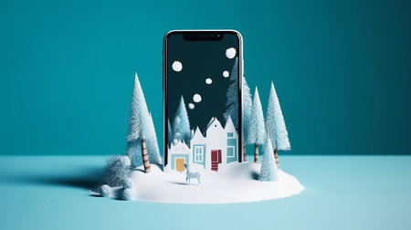 Smartphone with snowfall on the screen. Christmas concept. 3d renderingの素材