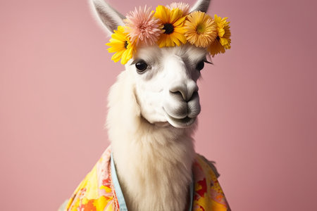 Portrait of a cute alpaca with flowers on a pink backgroundの素材