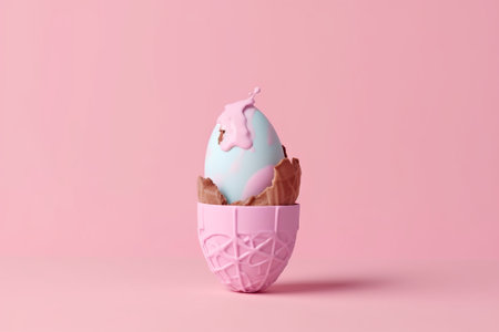 Easter egg with ice cream in a pink egg cup on a pink backgroundの素材