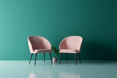 two pink armchairs on green wall background, 3d render illustrationの素材