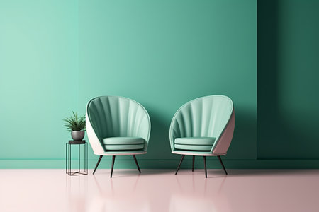 Interior of modern living room with green walls, concrete floor, two mint armchairs and coffee table. 3d renderの素材