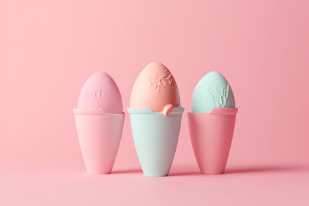 Easter eggs in ice cream cones on pink background. Minimal easter conceptの素材