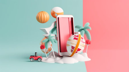 Summer concept. Smartphone with palm trees and toys on pink and blue backgroundの素材