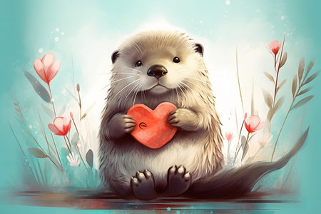 Cute little otter holding a red heart in his hands.の素材