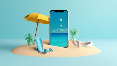 3d rendering of a smartphone on a tropical island with palm treesの素材