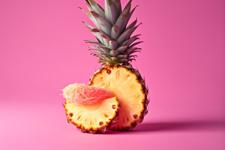 Pineapple with slices isolated on pink background. Minimal summer concept.の素材