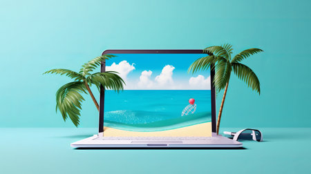 Laptop with summer vacation concept on turquoise background. 3D Renderingの素材