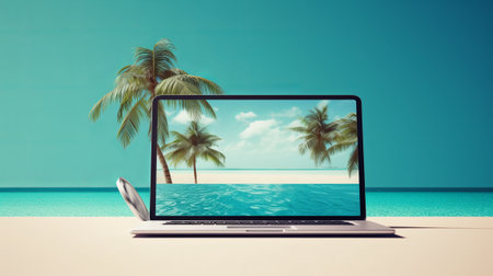 Laptop on the beach with sea and palm trees on the backgroundの素材