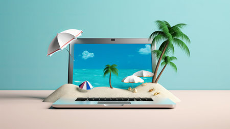 laptop with beach and palm tree on the screen, 3d renderの素材