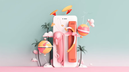 Smartphone with summer vacation concept. 3D Rendering, 3D illustrationの素材