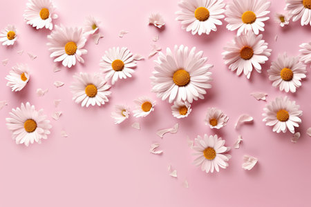 Beautiful chamomile flowers and petals on color backgroundの素材