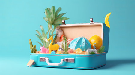 Suitcase with different toys on blue background, space for textの素材