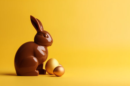 Easter chocolate bunny and eggs on a yellow background. Copy space.の素材