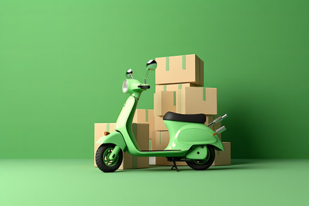 Green scooter with boxes on green background. 3D rendering.の素材