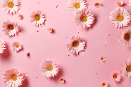 Beautiful chamomile flowers on pink background, flat layの素材